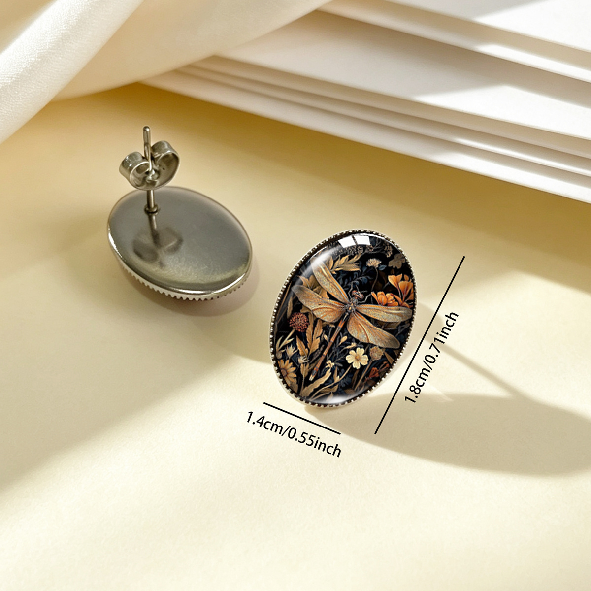 Black and Golden Dragonfly Floral Print Stud Earrings